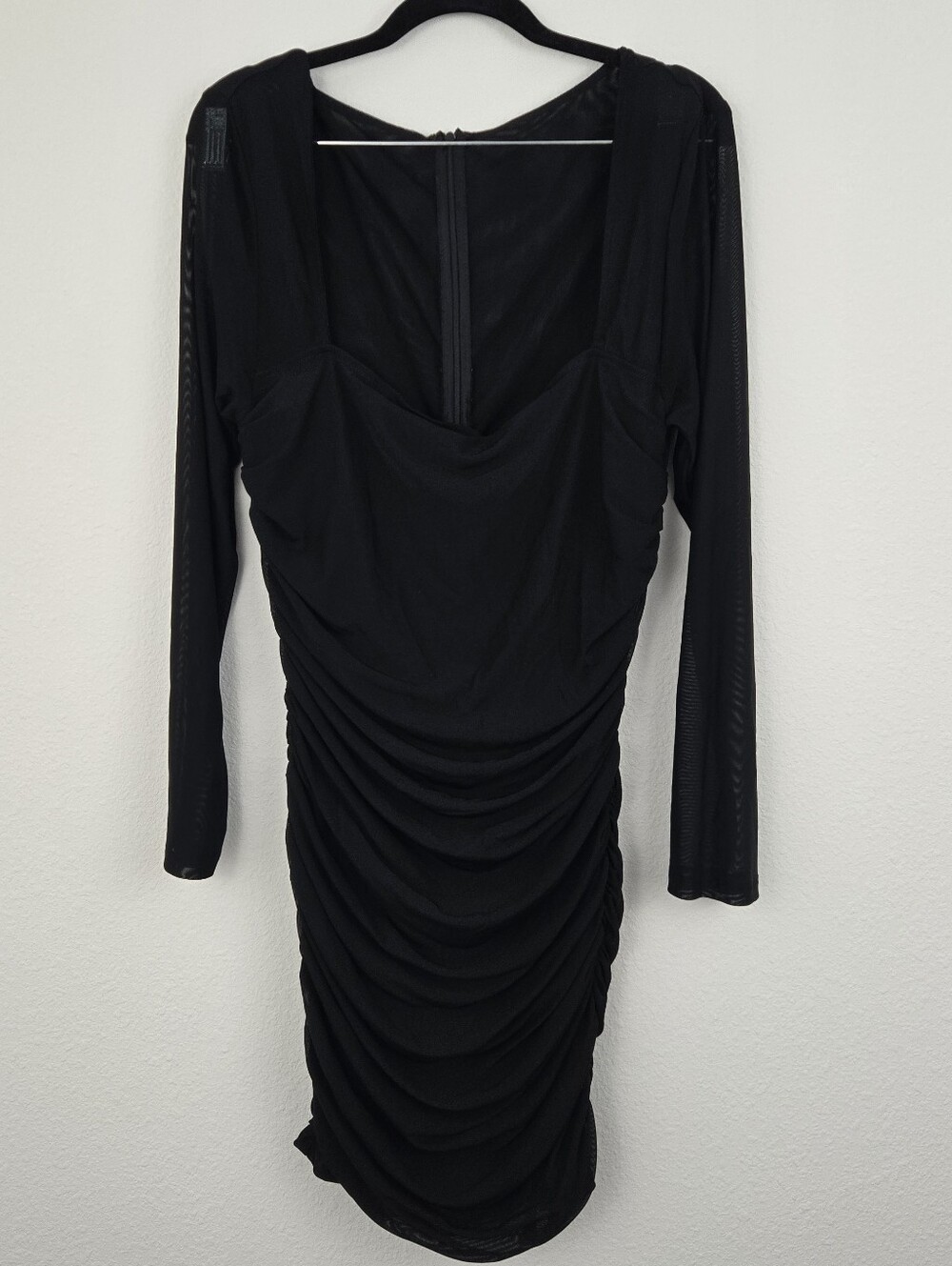 SHEIN Curve Black Mesh Long Sleeve Bodycon Dress with Ruching